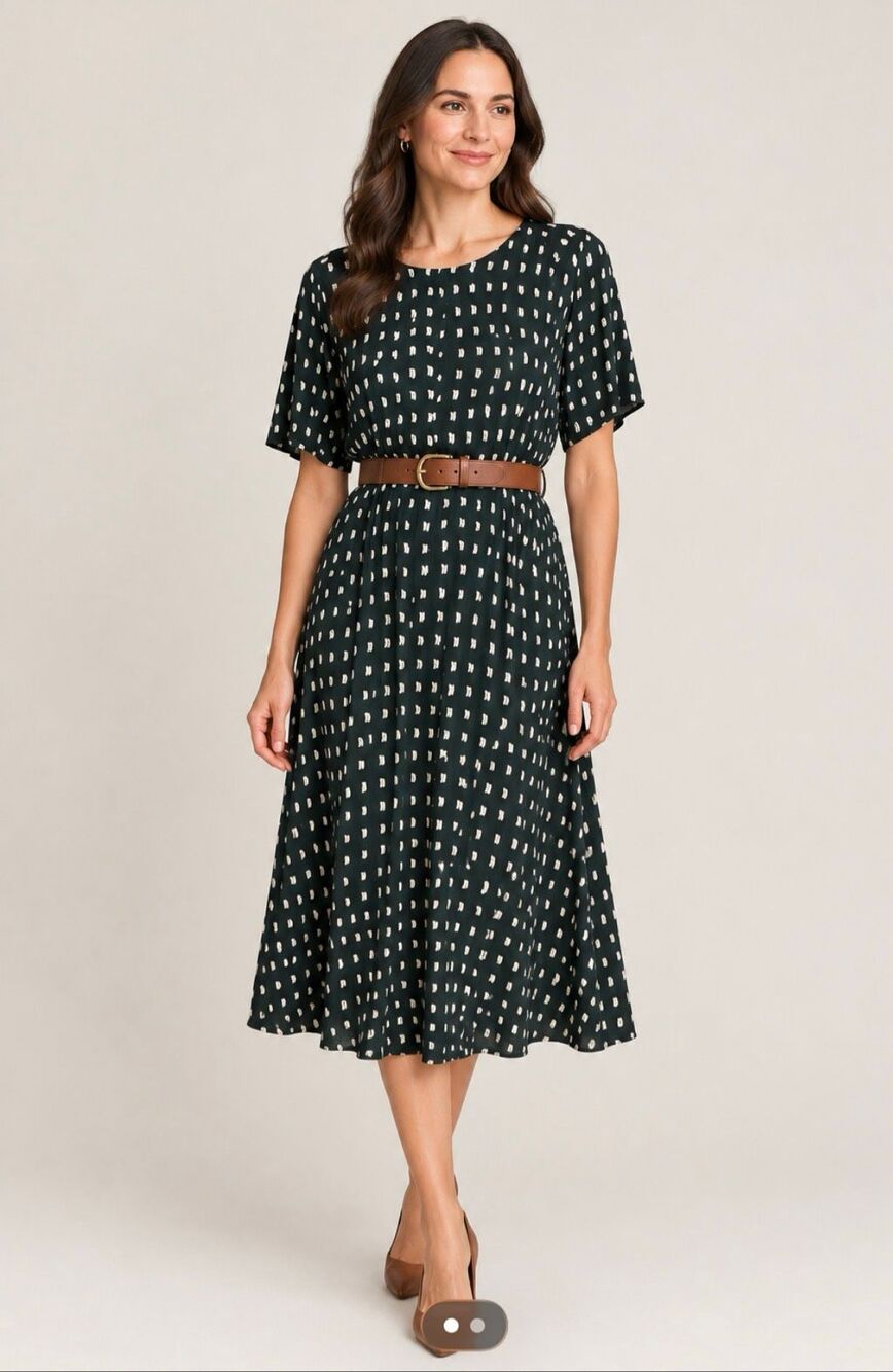 MM Lafleur Dark Green Printed Midi Dress with Brown Belt